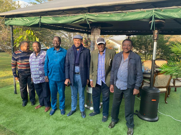 ODM and Jubilee leaders at Cotu chairman Francis Atwoli's home in Kajiado on Sunday.