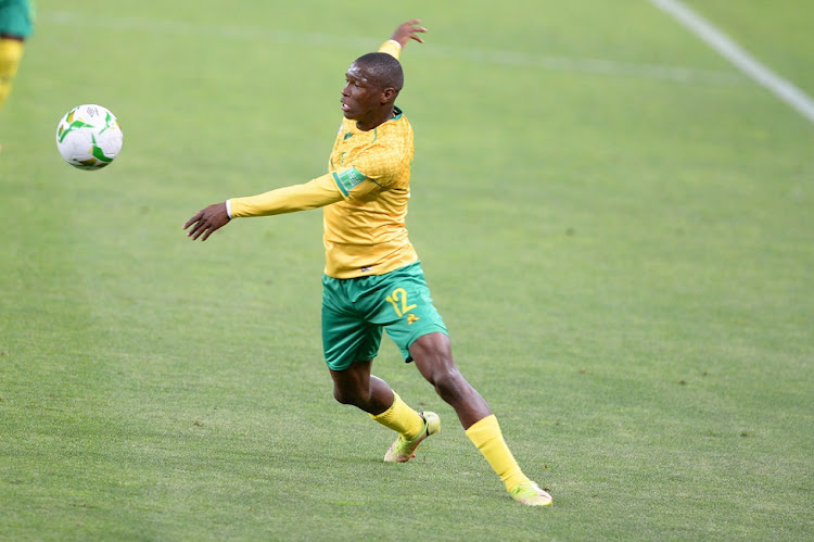 Bafana Bafana striker Bongokuhle Hlongwane in the 2022 World Cup qualifier against Ethiopia at FNB Stadium on October 12 2021.