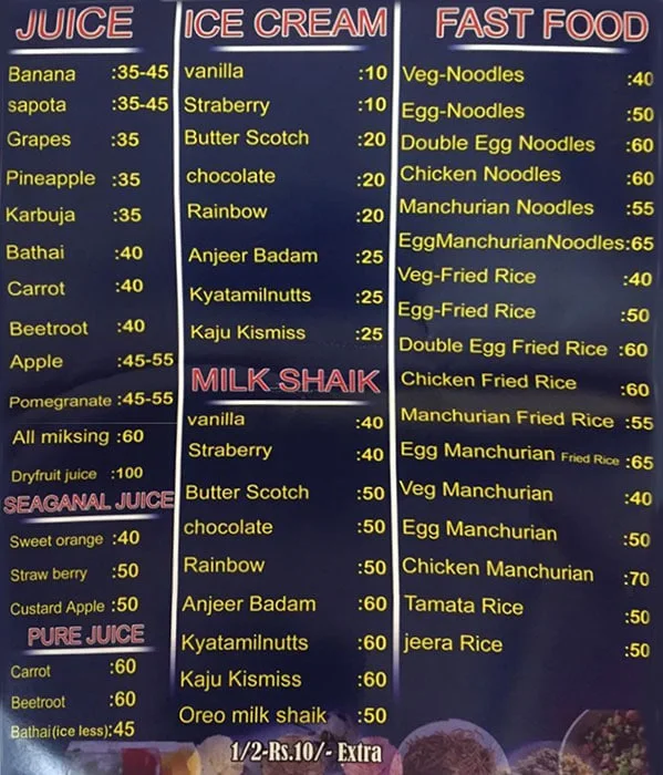 Sri Himani Fruit Juice And Fast Food Centre menu 