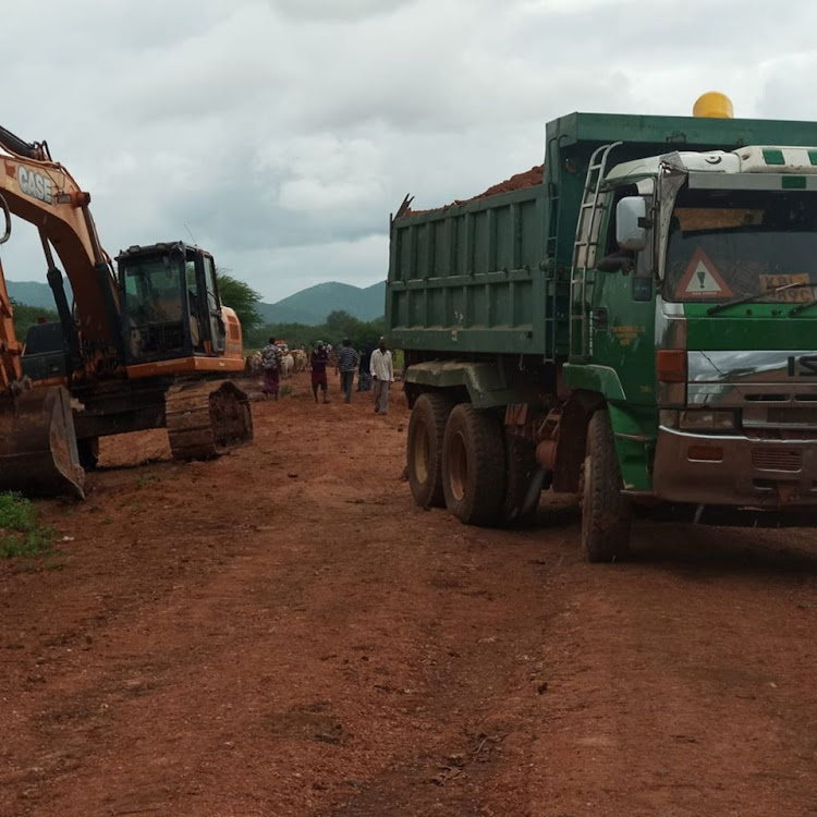 A grader during repair works on the Ajawa-Bute road that was recently destroyed by flash floods in Wajir North