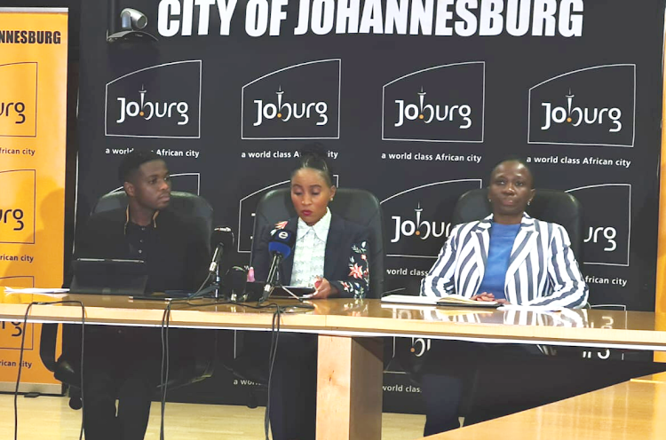 Johannesburg MMC for human settlements Mlungisi Mabaso, left, mayor Mpho Phalatse and GFIS acting head Lizzie Ramogale at a media briefing on housing scams on Thursday.