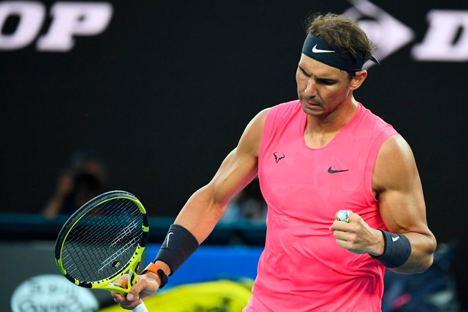 Rafa Nadal celebrates after advancing to the next round.