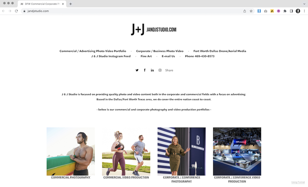 A screenshot of Jason's website before the web assessment. You can see that the landing page has very few images and focuses more on text. It has a lot of white space and a lot of information/writing that clutters the page and detracts from the four images that are featured.