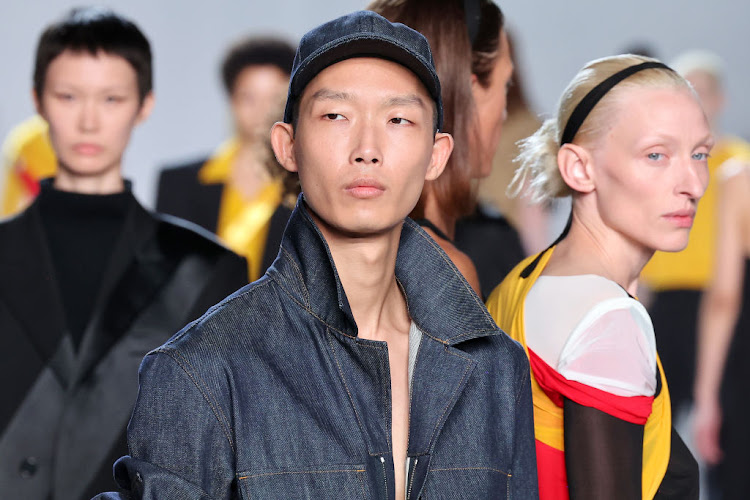 Models walk the runway at the Helmut Lang fashion show during New York Fashion Week.