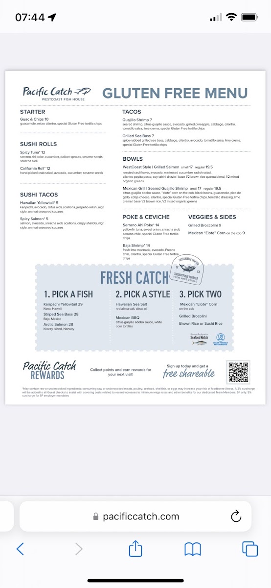 Pacific Catch gluten-free menu