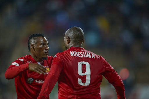 Collins Mbesuma of Highlands Park celebrates with teammate Franklin Cale after scoring against Baroka FC during the Absa Premiership match between Highlands Park and Baroka FC at Makhulong Stadium on September 13, 2016 in Johannesburg, South Africa. (Photo by Sydney Seshibedi/Gallo Images)