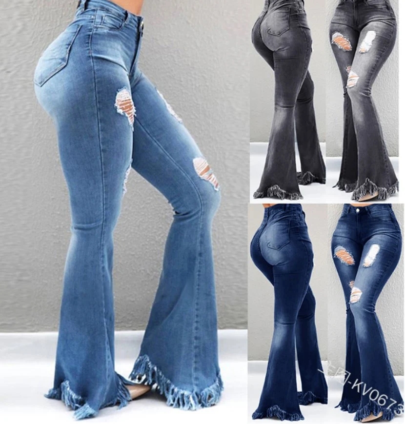 White high-waisted jeans with worn-out holes and fringed fringes, thin and fashionable. Cool, personality denim jeans fo