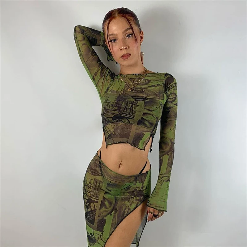 Damen New Tops Street Shooting Fashion Mesh Printing Navel Slim Slim T-Shirt