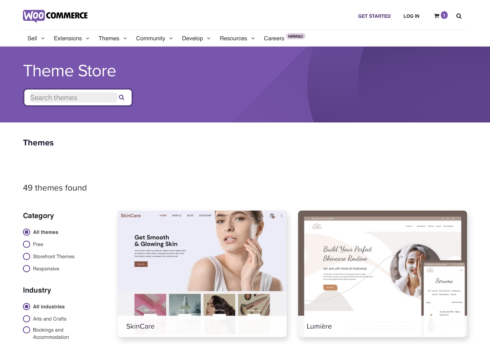 WooCommerce also provides customizable themes (49 of them).