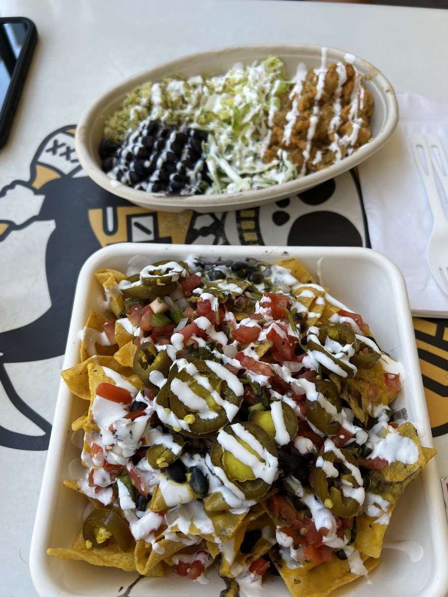 Vegan Nachos and chipte potato bowl