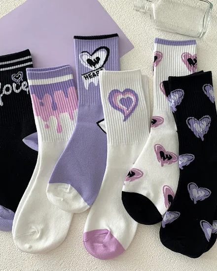 Women Cotton Socks Purple Heart Print Middle Tube Sock Am... - 3