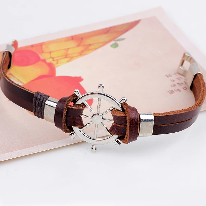 Bracelet Rudder en Cuir Véritable avec Corde, Ancre de Bateau, Volant et Métal Punk, Bijou Unique et Tendance