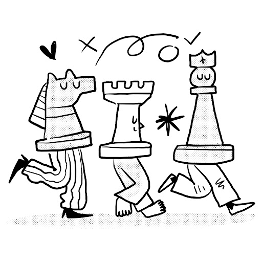 Trois pièces d'échiquier représentant les étapes successives d’un parcours de vie, symbolisant l’évolution pas à pas, le pilotage de sa trajectoire et la connaissance de soi, en co-création avec un accompagnement clair et concret.