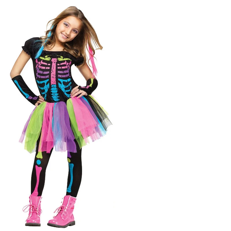 Halloween Kinderkostuum Regenboog Schedel Skelet voor Cosplay en Maskerade. Perfect voor verkleedpartijen.