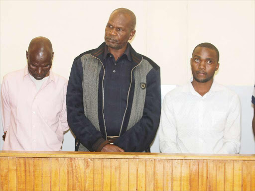 The suspects from left Sammy Kiria, Martin Kariuki, Samson Maiyo, Paul Mutisya and John Odhiambo when they appeared in an Eldoret Court on January 17th/Mathews Ndanyi