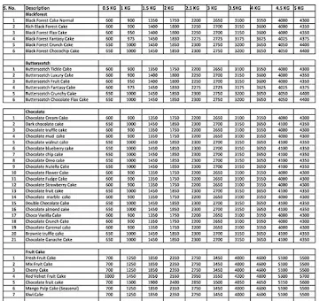 Cake 24X7 menu 