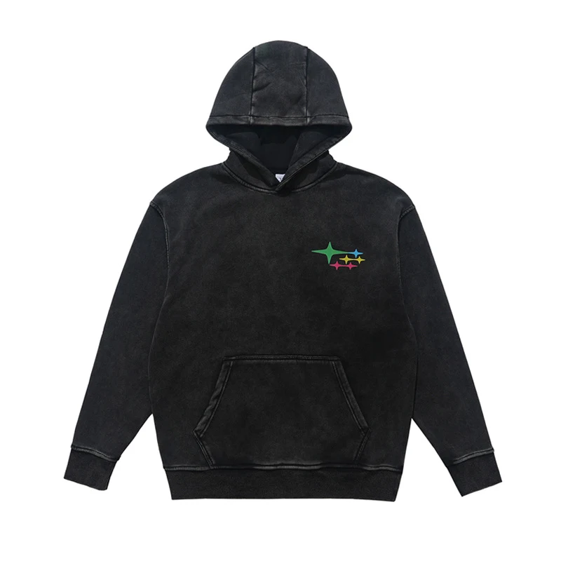 Sudadera de pareja retro, lavada, con estampado grande y forro polar. Moda cálida y cómoda para él y ella, estilo vintage.