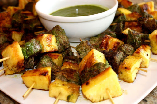 Beef Kebabs with Pineapple and Parsley Sauce