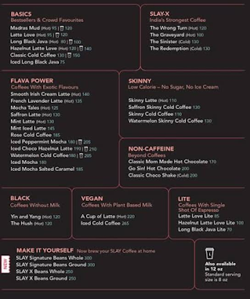 SLAY Coffee menu 