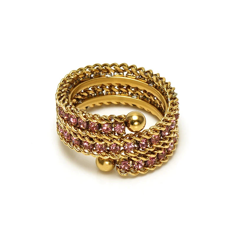 Anel Multicamadas de Aço Inoxidável 18K com Diamantes Completo e Zircônio Incrustado – Brilho e Sofisticação para um Look Impecável