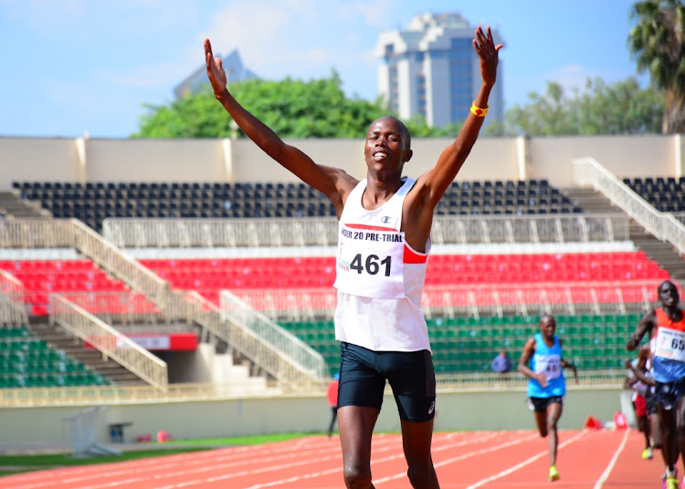 Edwin Kisaisak from Kiberesi camp crosses the finishline in the 3000m race during the World U20 pre-Trials on November 20,2020 at Nyayo stadium.