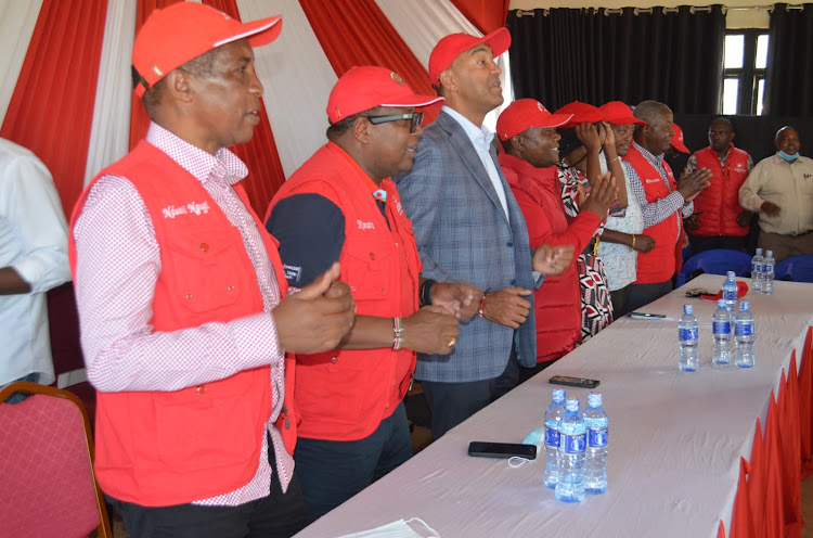 MPs Nduati Ngugi (Gatanga) and Peter Kimari (Mathioya), former Gatanga MP Peter Kenneth and aspirants during a meeting with Jubilee party supports in Murang'a town on March 7, 2022.