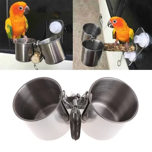 Bird Feeder Cup with Clamp Stainless Steel Feeding Dish Food & Water Bowl for Parrots African Greys Budgies Window Bird