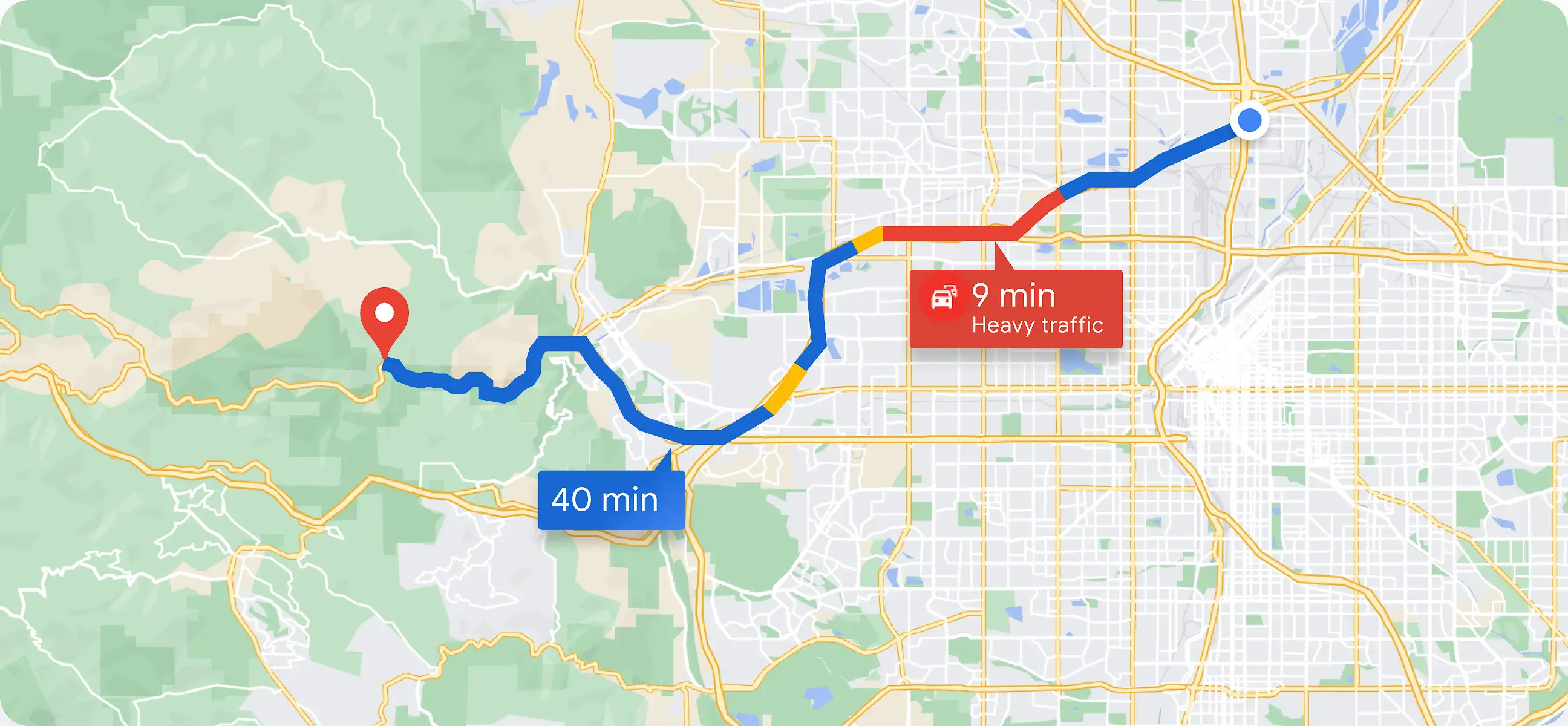 Mapa con una ruta que muestra las condiciones de tráfico