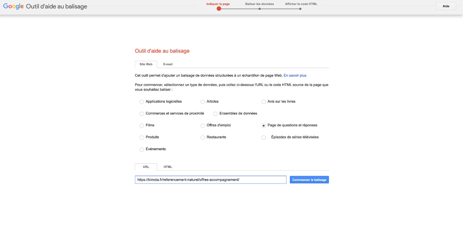 Différentes propositions de type de page et encart pour coller l'url de la page 