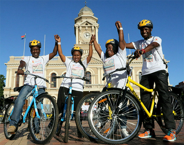 Luxolo Bell, 32, Ntombizanele Myoli, 25, Nokuthula Modi, 28, and Hanson Singaphi, 41, are ready to ride after receiving their bikes at yesterday’s handover