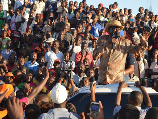 ODM leader Raila Odinga when he made a stop over at Changamwe Handcraft after arriving in Mombasa for ODM 10th anniversary celebrations.