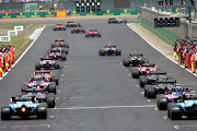 A general view as the field departs on the formation lap the F1 Grand Prix of Great Britain at Silverstone on July 14, 2019 in Northampton, England.