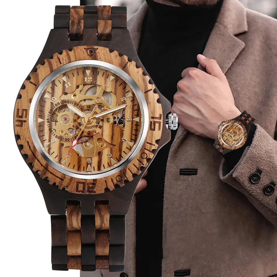 Automatisch mechanisch houten horloge met vijf kralen band, ebbenhout zebra hout, voor heren, stijlvol en uniek design.