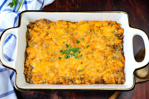 Cheesy Tater Tot Casserole in a baking dish.