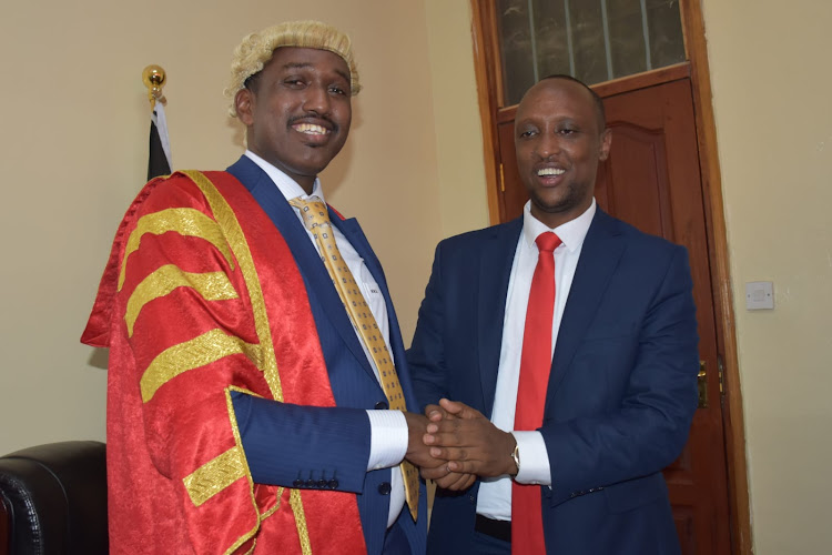 Newly elected Isiolo Speaker Mohamed Roba and Governor Abdi Hassan Guyo on September 20, 2022