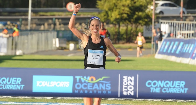 Gerda Steyn winner of the during the Totalsports Two Oceans Marathon in a new record time of 3h 29m 42s after finishing at UCT Rugby Fields on April 17, 2022 in Cape Town.