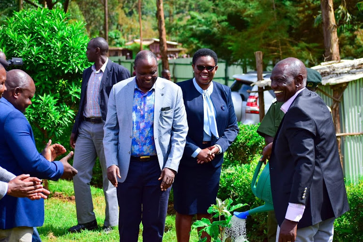 Igembe North MP Julius Taitumu, Meru governor Kawira Mwangaza and President William Ruto in Meru on April 22, 2023