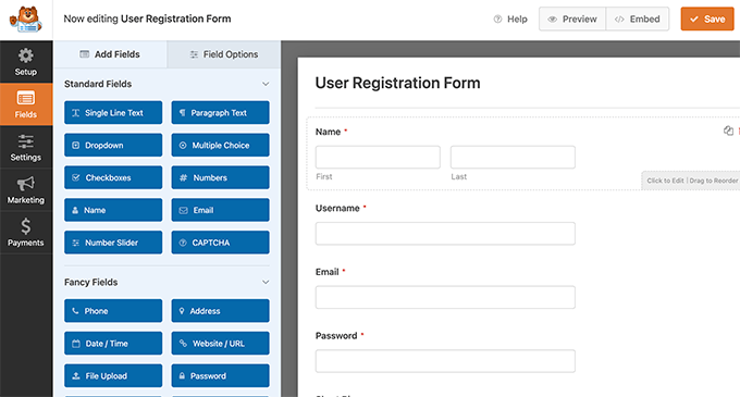 Editar formulário de registro de usuário