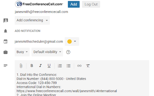 conferencing janesmithscheduler@gmail.com Default visibility 