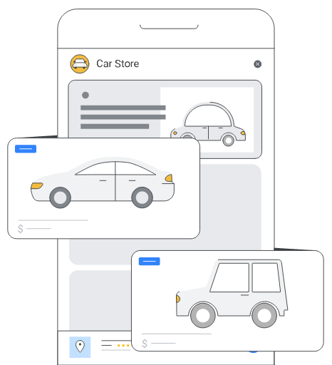 Fiche d'établissement d'un concessionnaire automobile présentant un choix de voitures et des informations de localisation