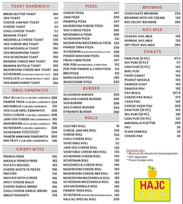 Hajc Juice menu 