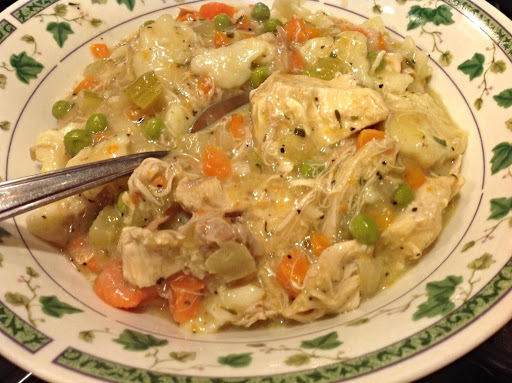 This is a cross between a Chicken Soup and Chicken & Dumplings, it is very thick & Rich with lots of Chunky pieces of chicken & lots of vegetables.