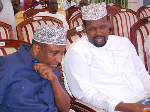 Garissa Governor Ali Korane and Mandera’s Ali Roba during the Frontier Counties Development Council Conference in Garissa town on Thursday /STEPHEN ASTARIKO