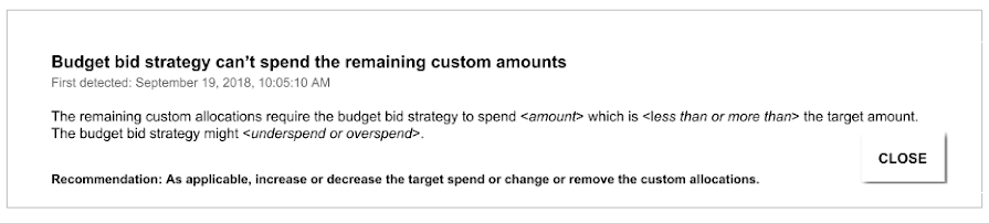 Budget bid strategy health card. The budget strategy is constrained because remaining custom allocations will cause the strategy to overspend or underspend.