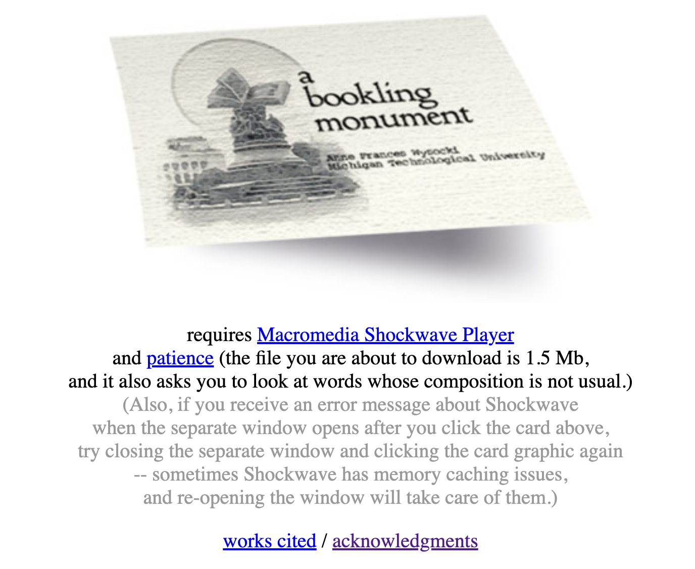 A business card labelled "a bookling monument" with the image of a book standing open atop a monument or fountain. Underneath is reading instructions for the webtext.
