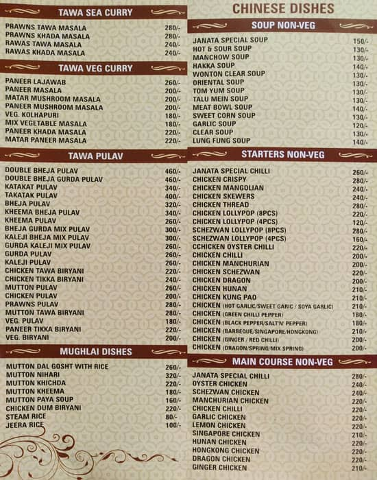 Janta Hotel menu 