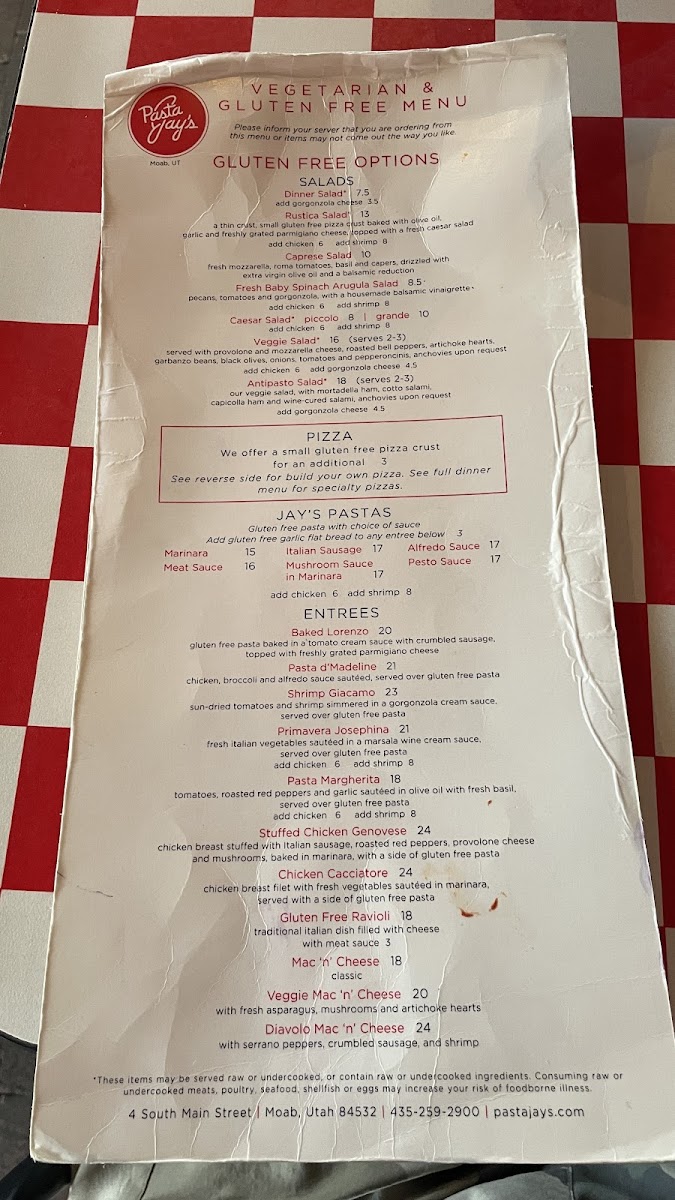 Pasta Jay's gluten-free menu