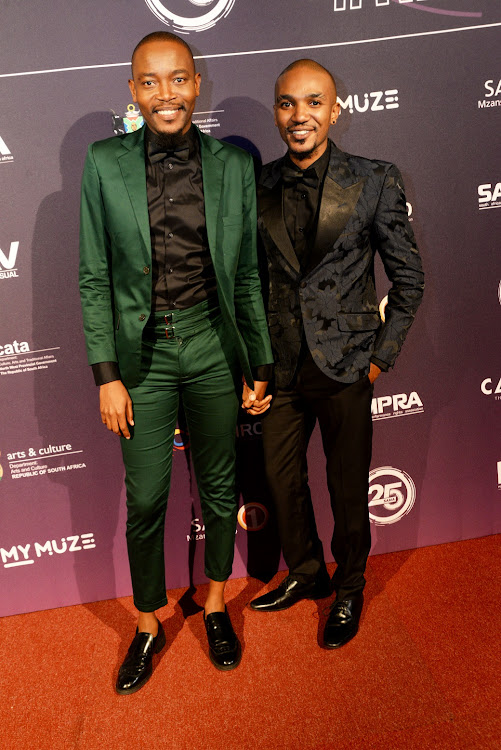 Moshe Ndiki & Phelo Bala arrive for the 25th annual South African Music Awards (SAMA 25) at Sun City on June 01, 2019 in Rustenburg, South Africa