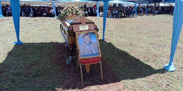 The casket bearing the remains of Olympic legend Daniel Rudisha during a burial ceremony at Oltanki village of Transmara Sub county, Narok county on Monday.