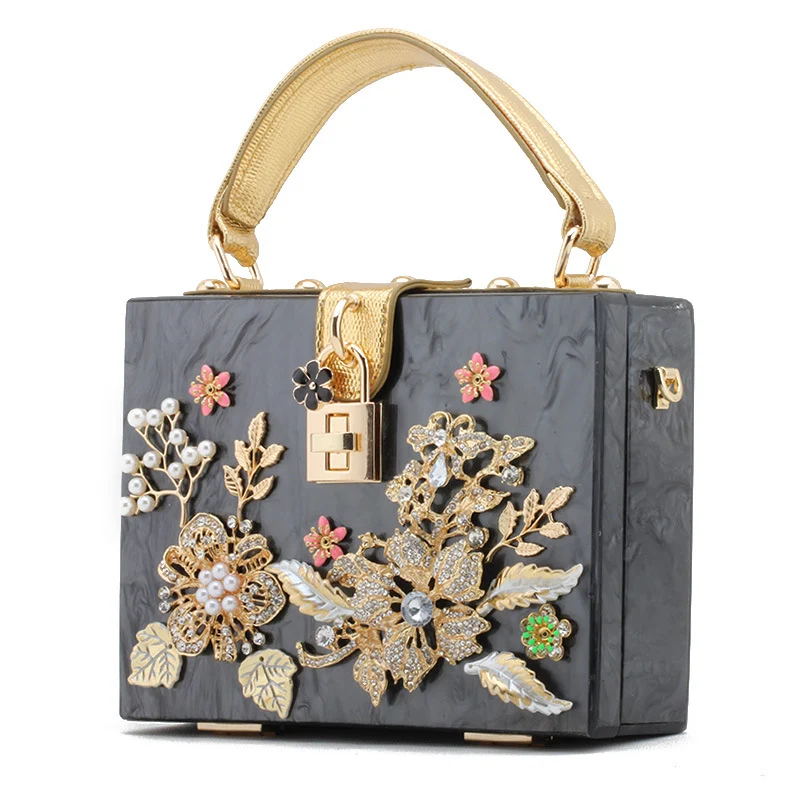 Diamond and Flower Wrapped Lock Box Acrylic Small Square Shoulder Bag, a stylish and secure way to carry your essentials